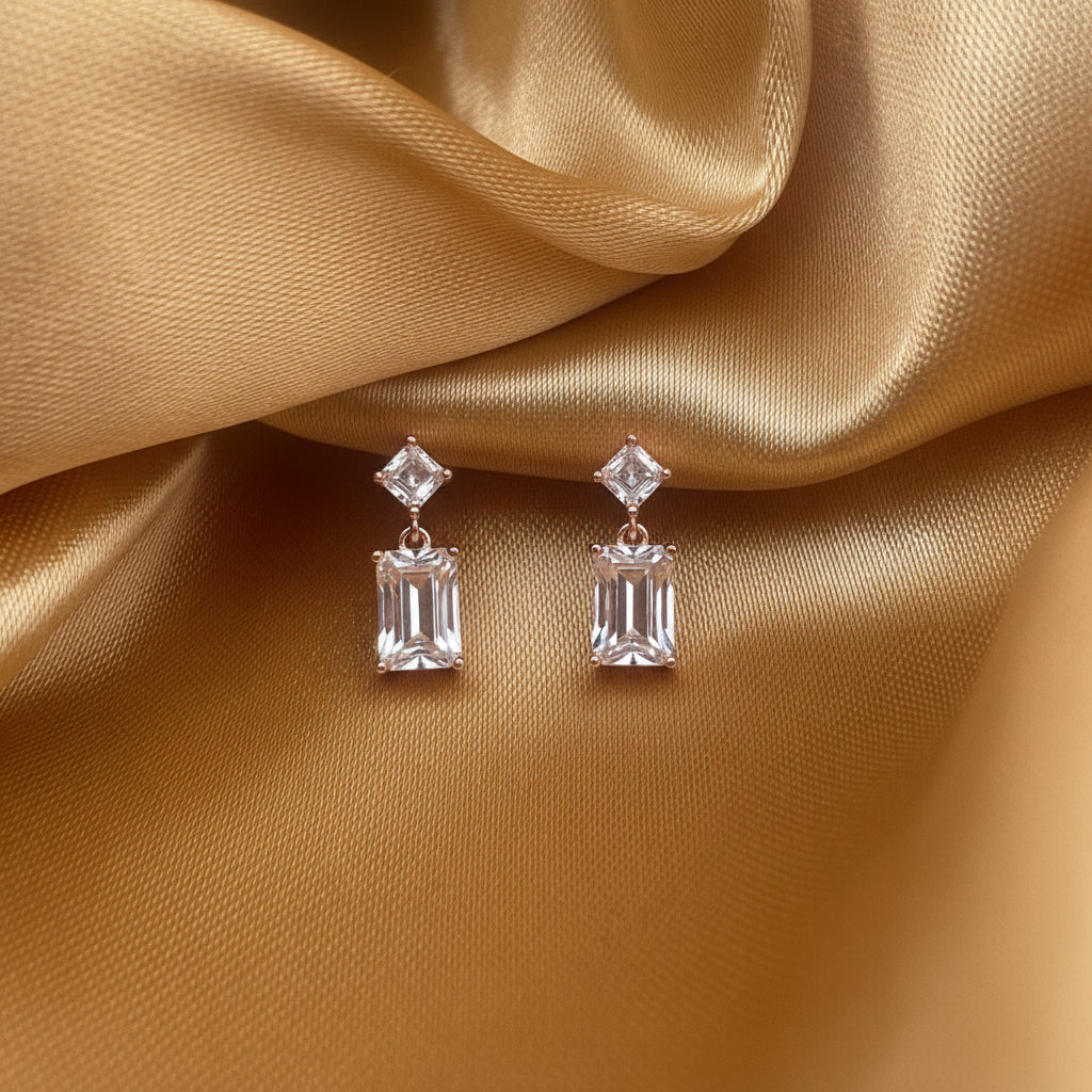 White AD emerald-cut solitaire drop rose gold silver earrings | refined wedding elegance - image 1