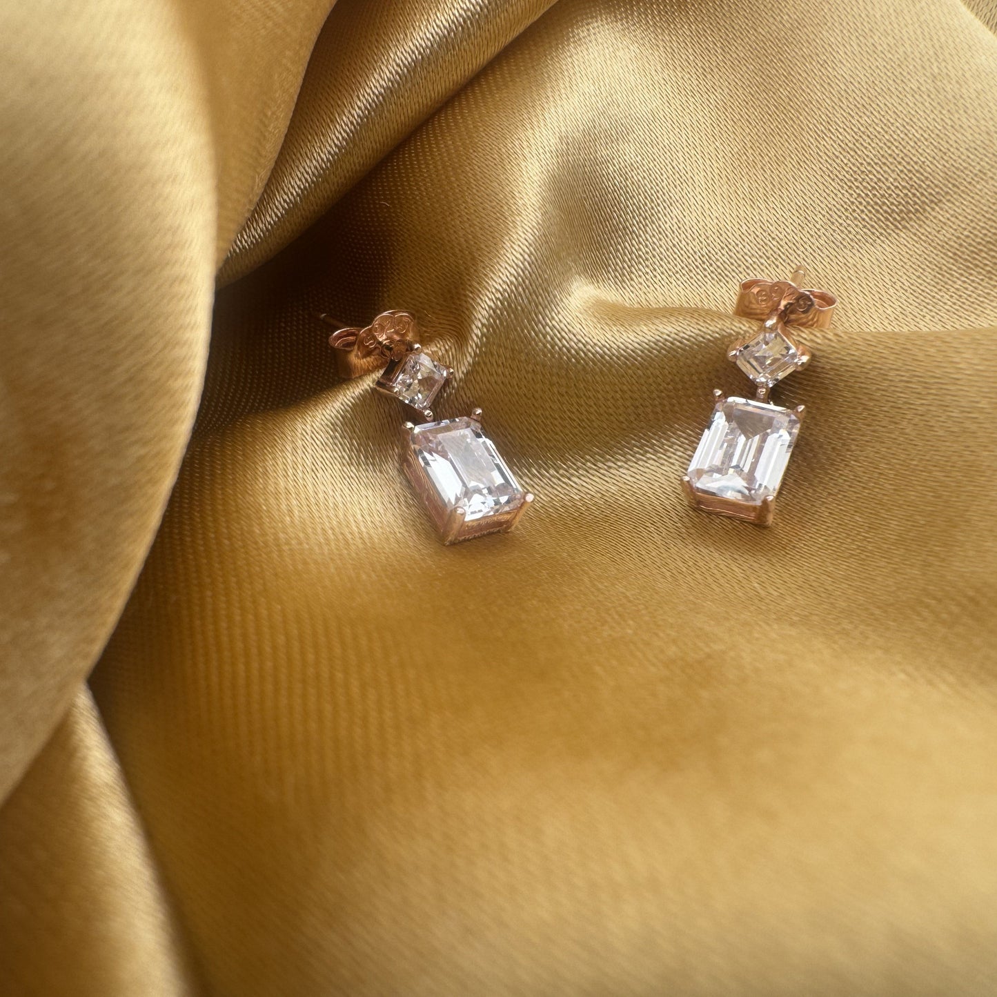White AD emerald-cut solitaire drop rose gold silver earrings | refined wedding elegance - image 2