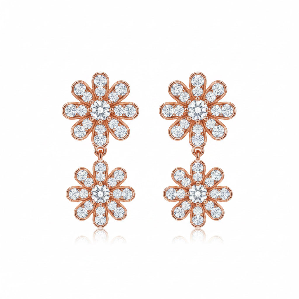 White AD twin daisy rose gold silver earrings | festive sparkle, effortlessly layered - image 2