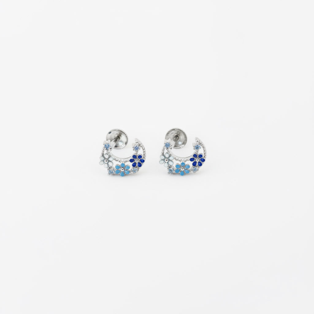 Blue enamel floral crescent moon silver stud earrings | hand-painted charm for daily gifting - image 1