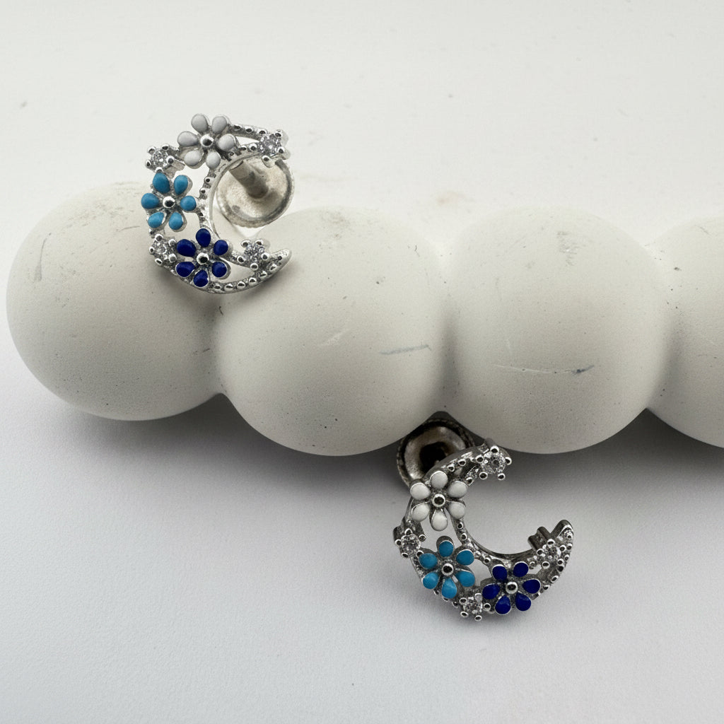 Blue enamel floral crescent moon silver stud earrings | hand-painted charm for daily gifting - image 2