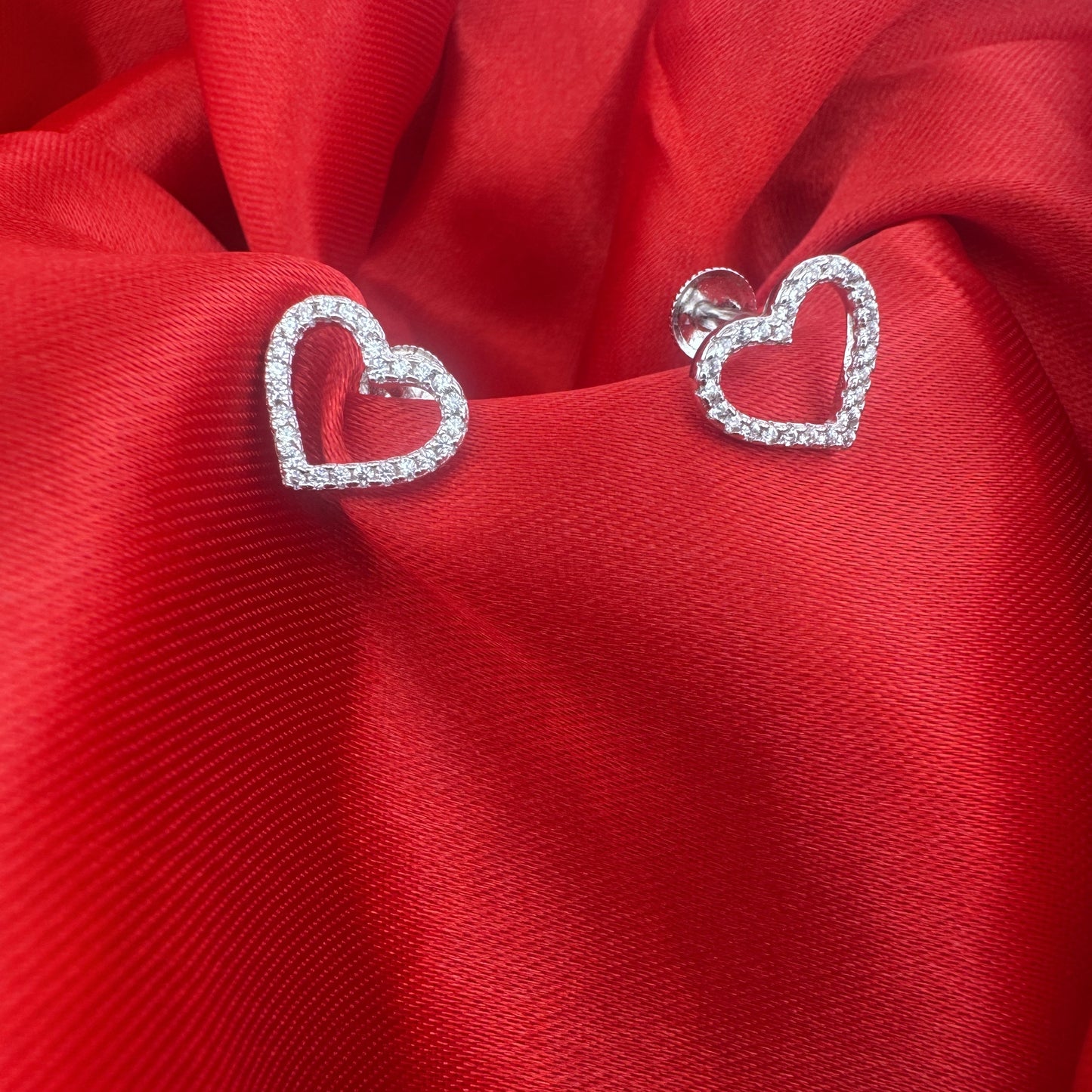 Pavé AD open heart silver stud earrings | delicate rhodium shine for every day - image 1