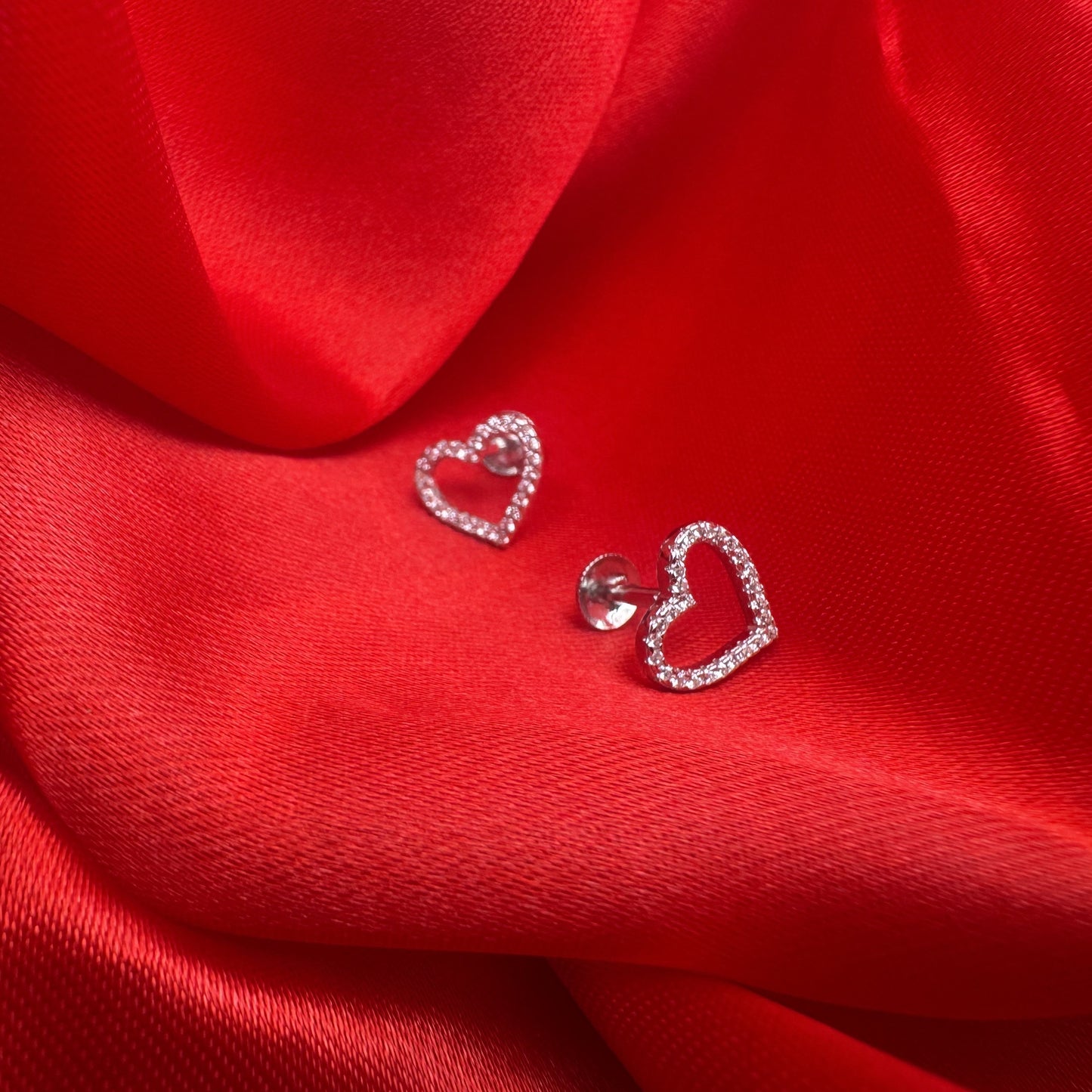 Pavé AD open heart silver stud earrings | delicate rhodium shine for every day - image 2