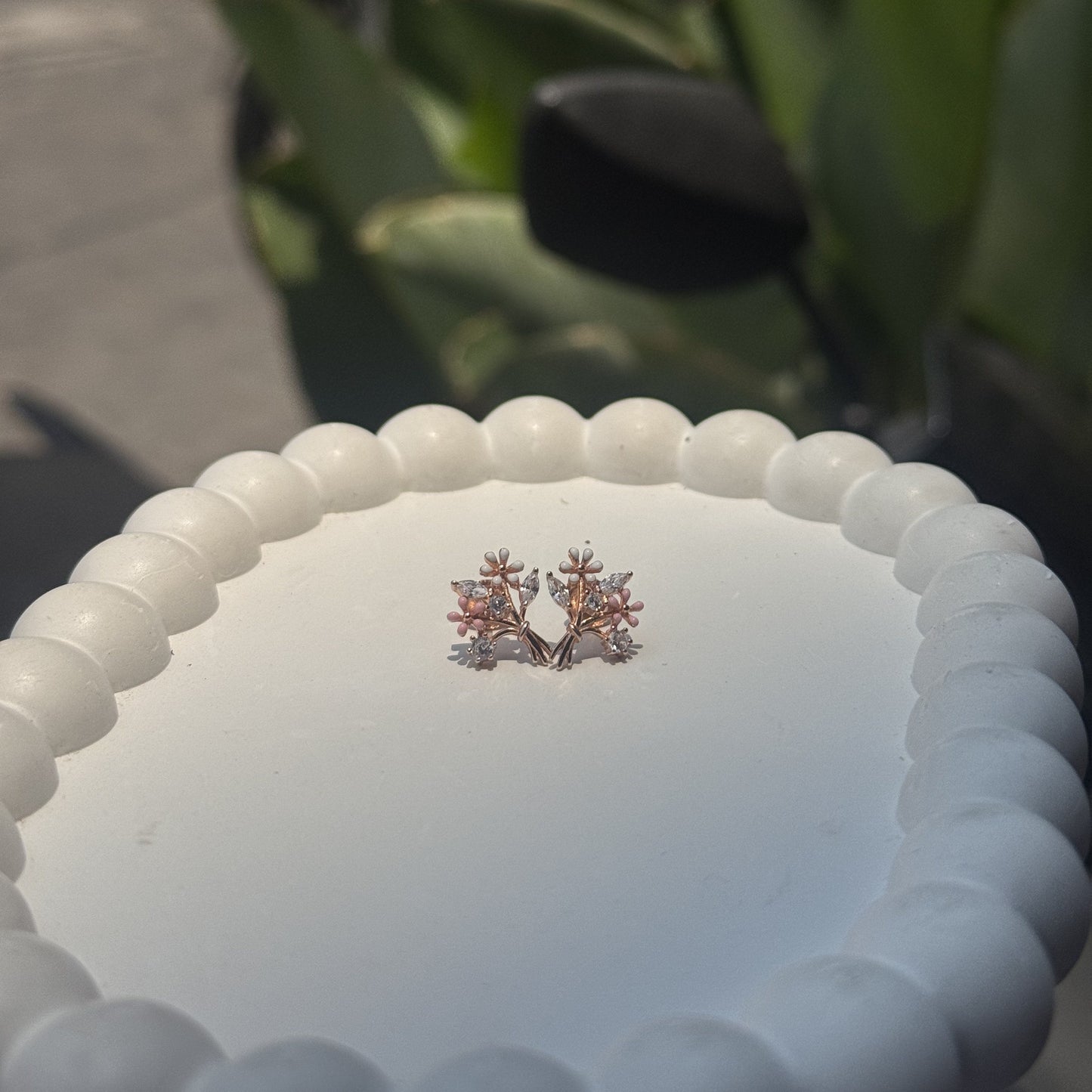 Pink Enamel & AD Marquise Wildflower Bouquet Rose Gold Stud Earrings | Festive Charm - image 1