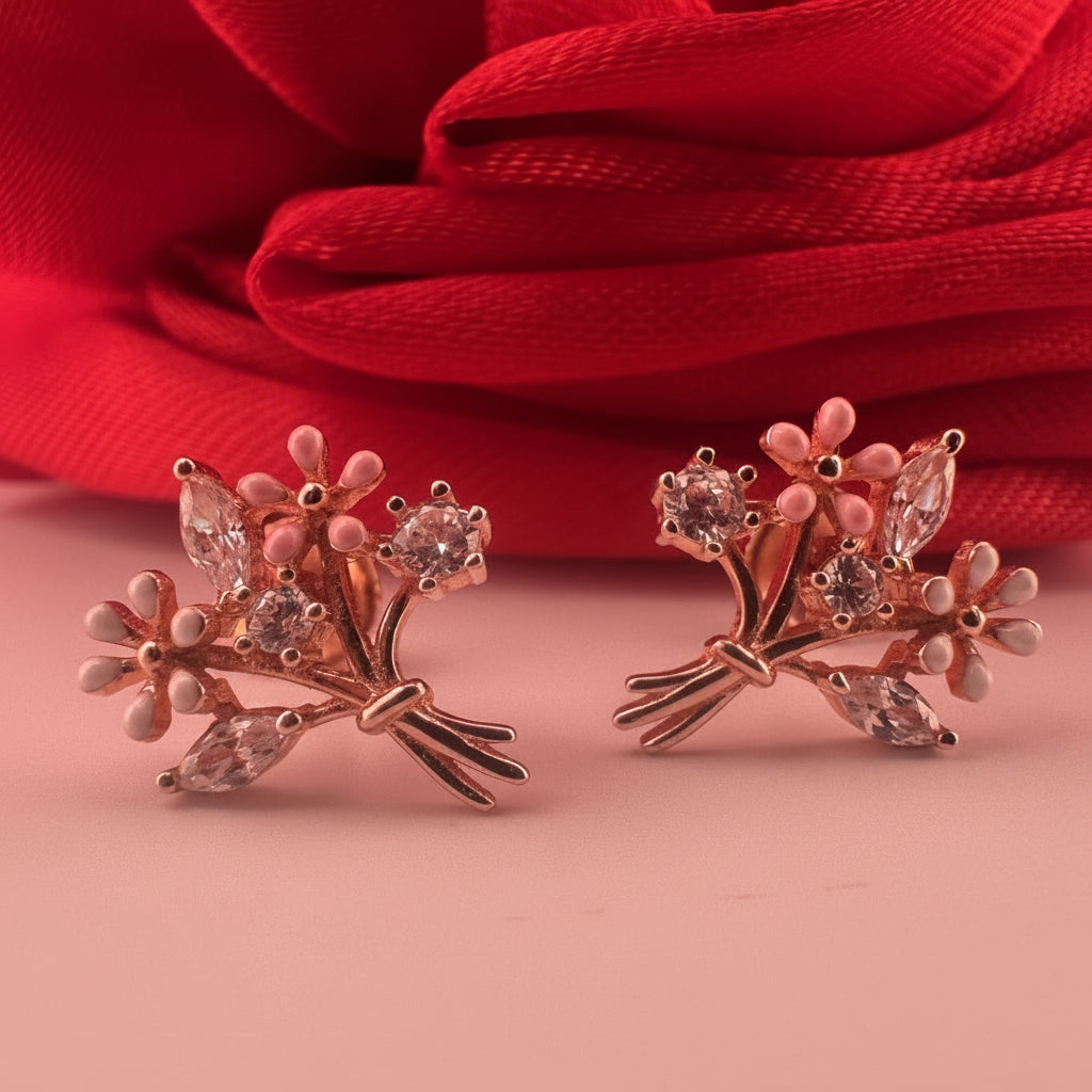 Pink Enamel & AD Marquise Wildflower Bouquet Rose Gold Stud Earrings | Festive Charm - image 2