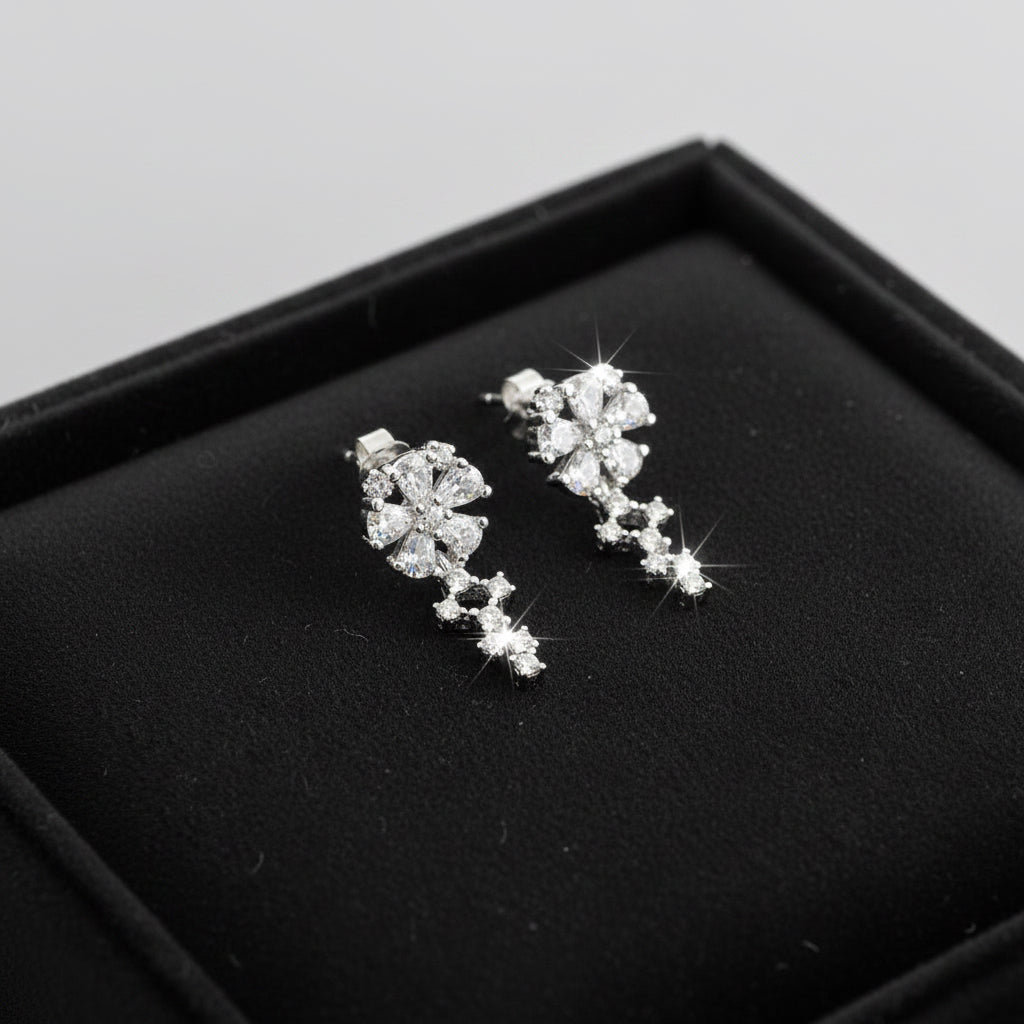 White AD Floral Cluster Cascade Drop Rhodium Silver Earrings | Icy Wedding-Day Luxury - image 1