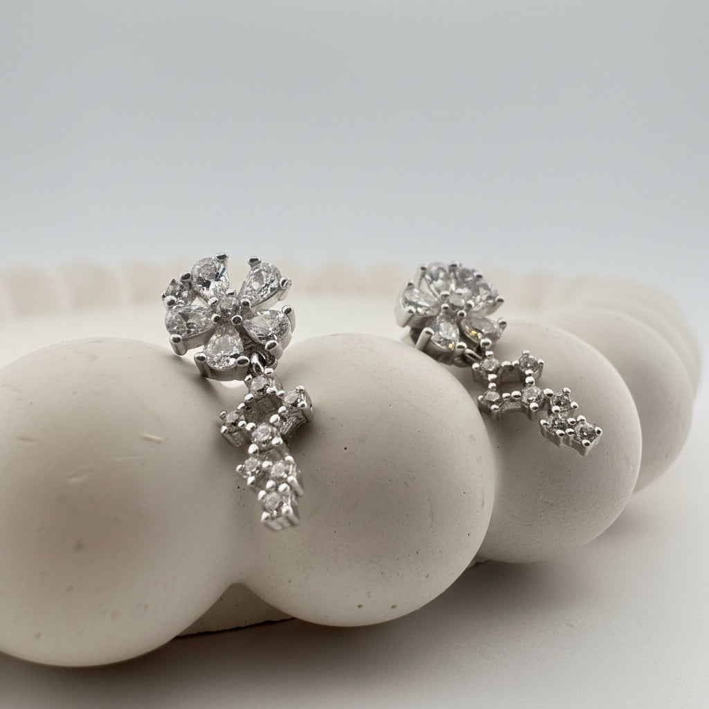 White AD Floral Cluster Cascade Drop Rhodium Silver Earrings | Icy Wedding-Day Luxury - image 2