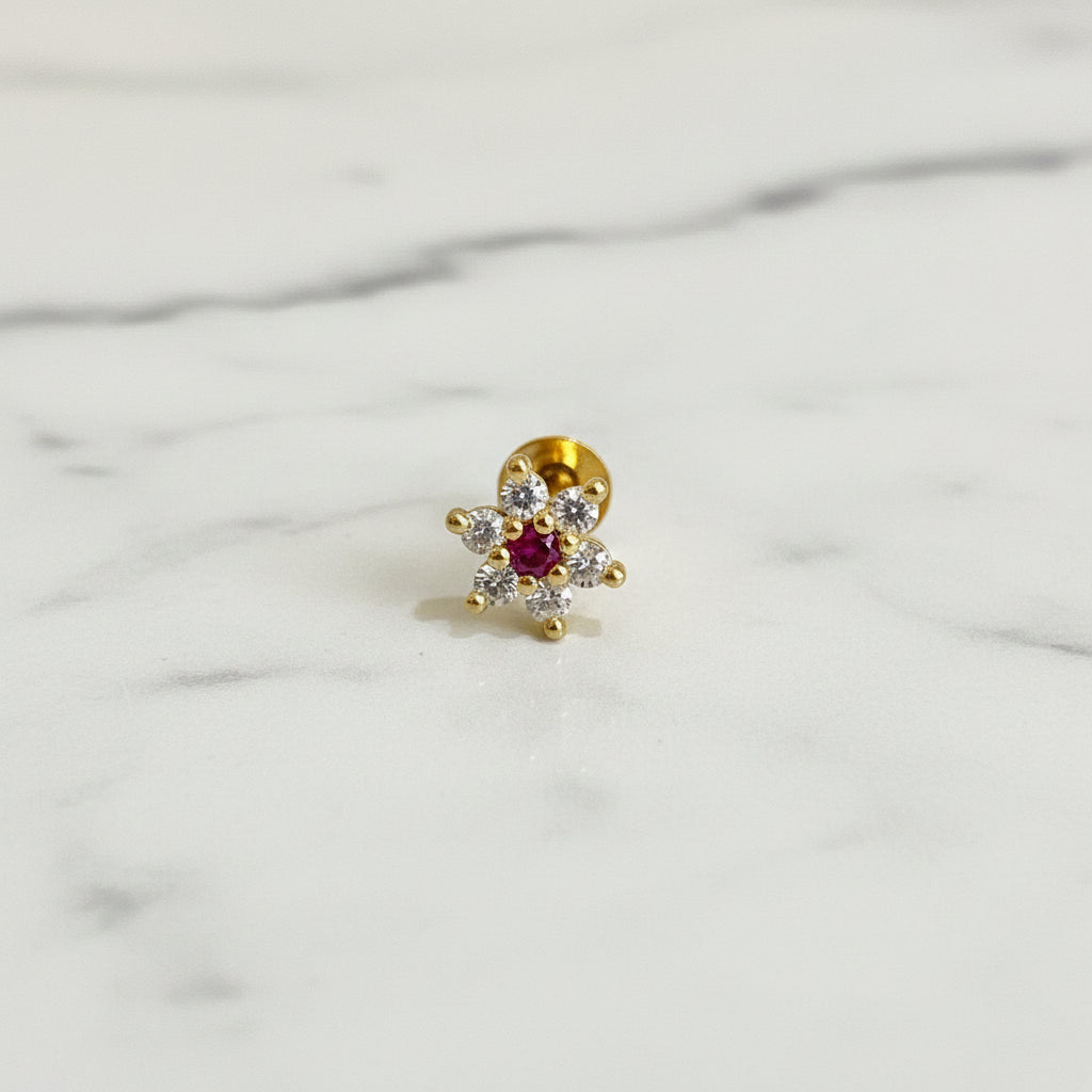 Gold-Plated 925 Silver Floral Nose Pin With Pink And White AD | Rosy Festive Charm - image 1