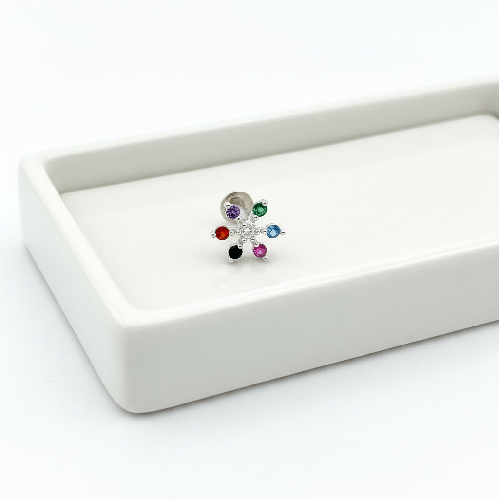 Rhodium 925 Silver Nose Pin With Multi-Colour American Diamond | Vibrant Festive Artisan Bloom - image 2