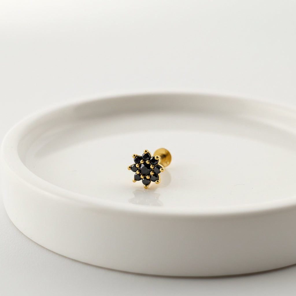 Gold-Plated 925 Silver Floral Nose Pin With Black AD | Bold Dark Bloom For Parties - image 1