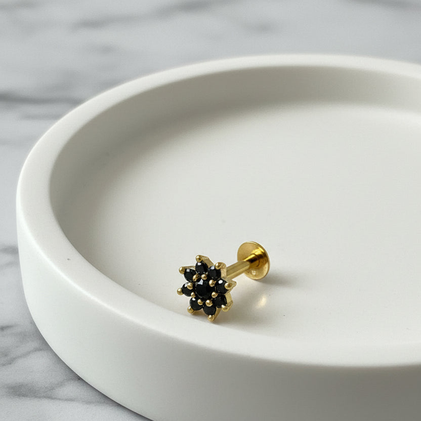 Gold-Plated 925 Silver Floral Nose Pin With Black AD | Bold Dark Bloom For Parties - image 2