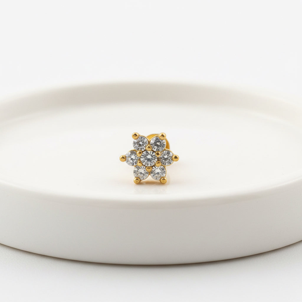 Gold-Plated 925 Silver Floral Nose Pin With White AD | Classic Cluster For Festive Wear - image 1
