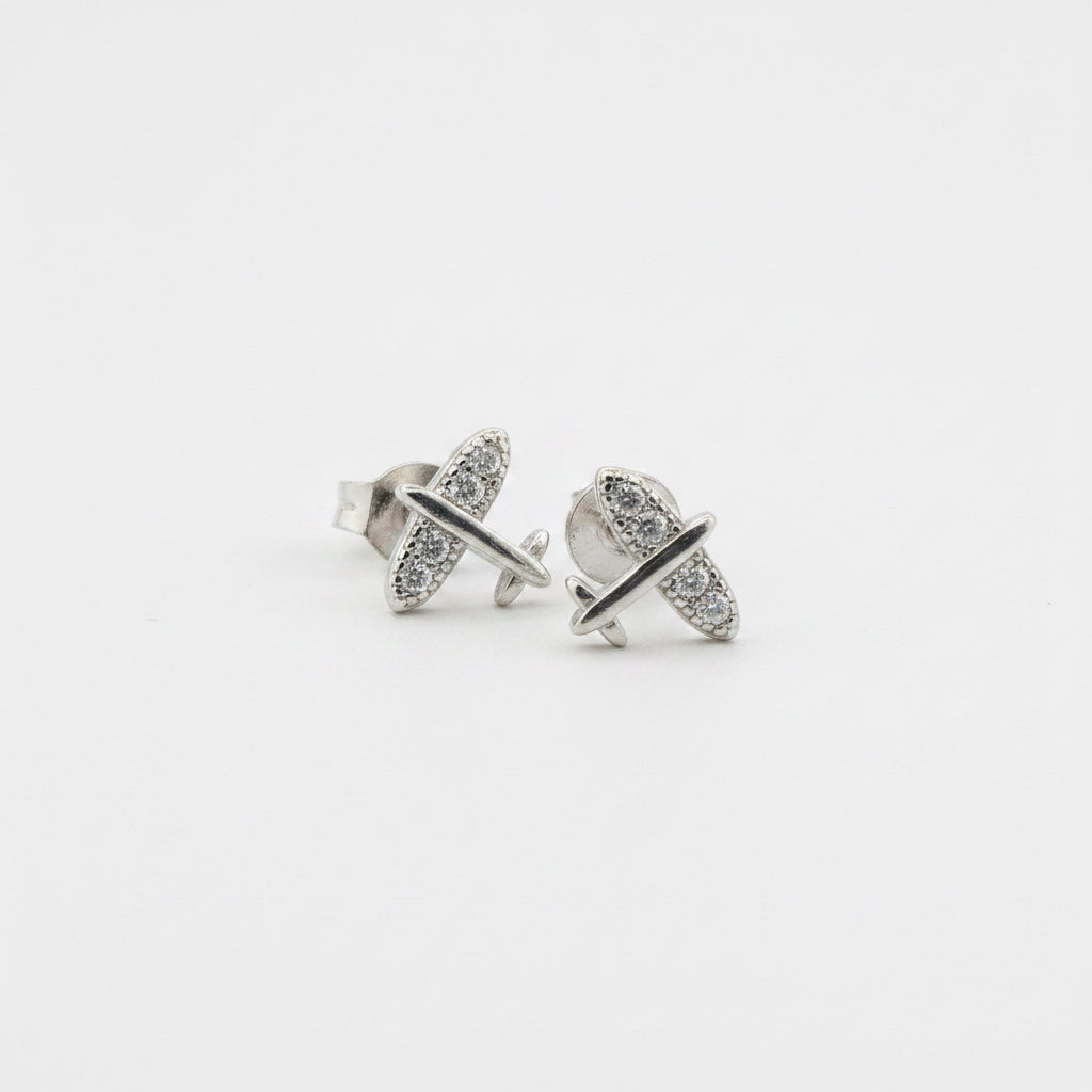 925 Silver Airplane Stud Earrings With White American Diamond | Minimal Modern Gift For Her - image 1
