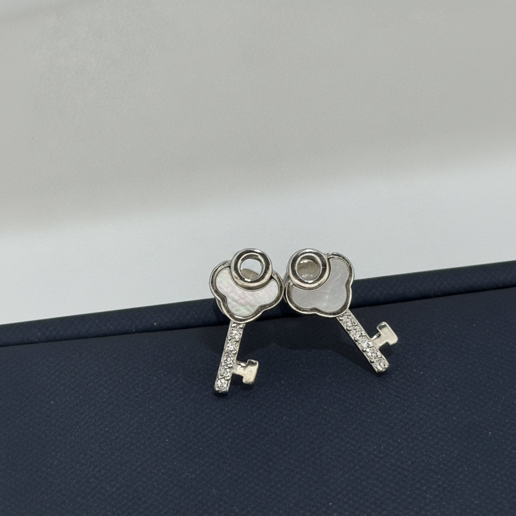 925 Silver Key Studs With Mother Of Pearl And White AD | Luminous Daily Wear - image 1