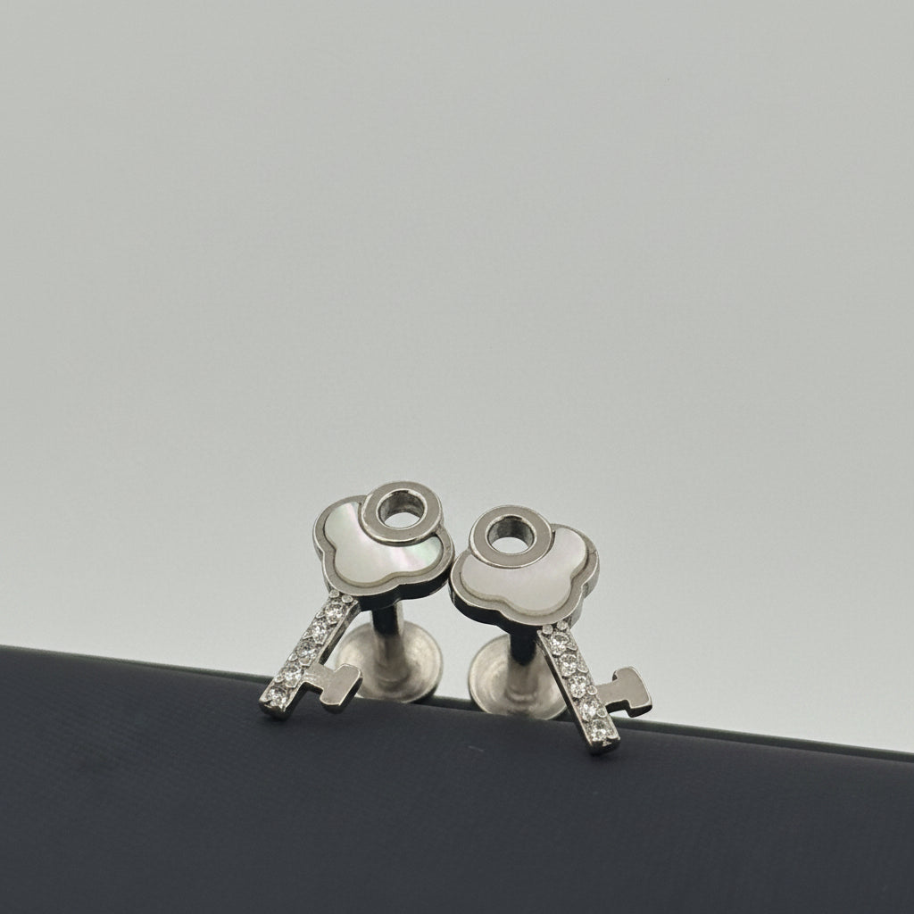 925 Silver Key Studs With Mother Of Pearl And White AD | Luminous Daily Wear - image 2