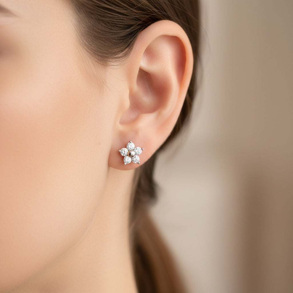 925 Silver Flower Stud Earrings With White AD | Classic Five-Petal Daily Sparkle - image 2