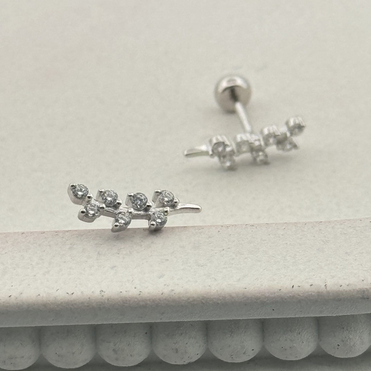 925 Silver Fern Ear Climber Studs With White AD | Nature-Inspired Minimal Office Wear - image 1
