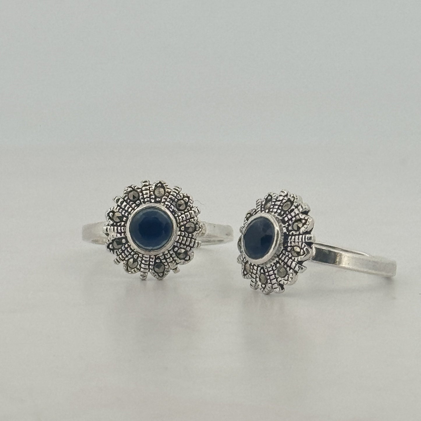 Oxidised 925 Sterling Silver Sunflower Toe Ring With Blue Sapphire Stone