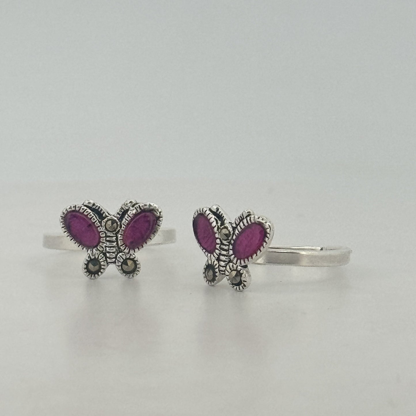 Oxidised 925 Sterling Silver Butterfly Toe Ring With Ruby & Pyrite