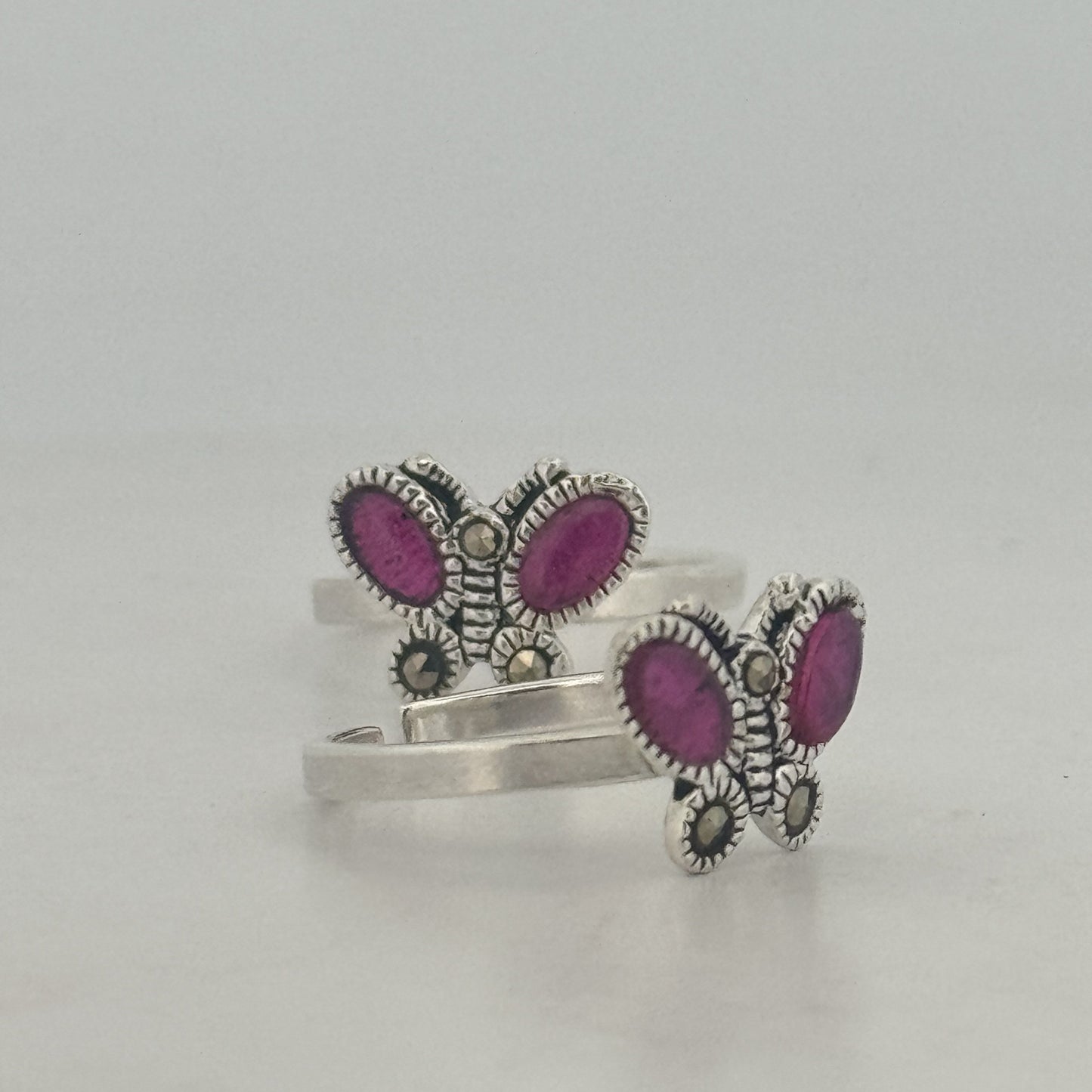 Oxidised 925 Sterling Silver Butterfly Toe Ring With Ruby & Pyrite