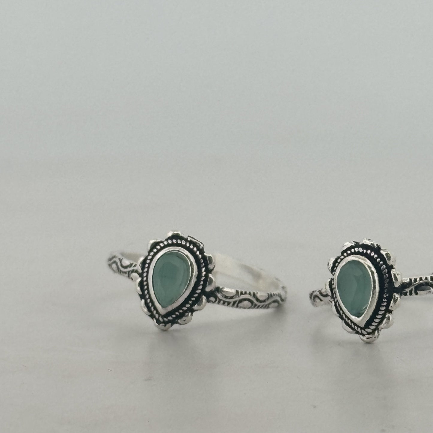 Antique Oxidised Silver Teardrop Toe Ring With Pastel Green Stone