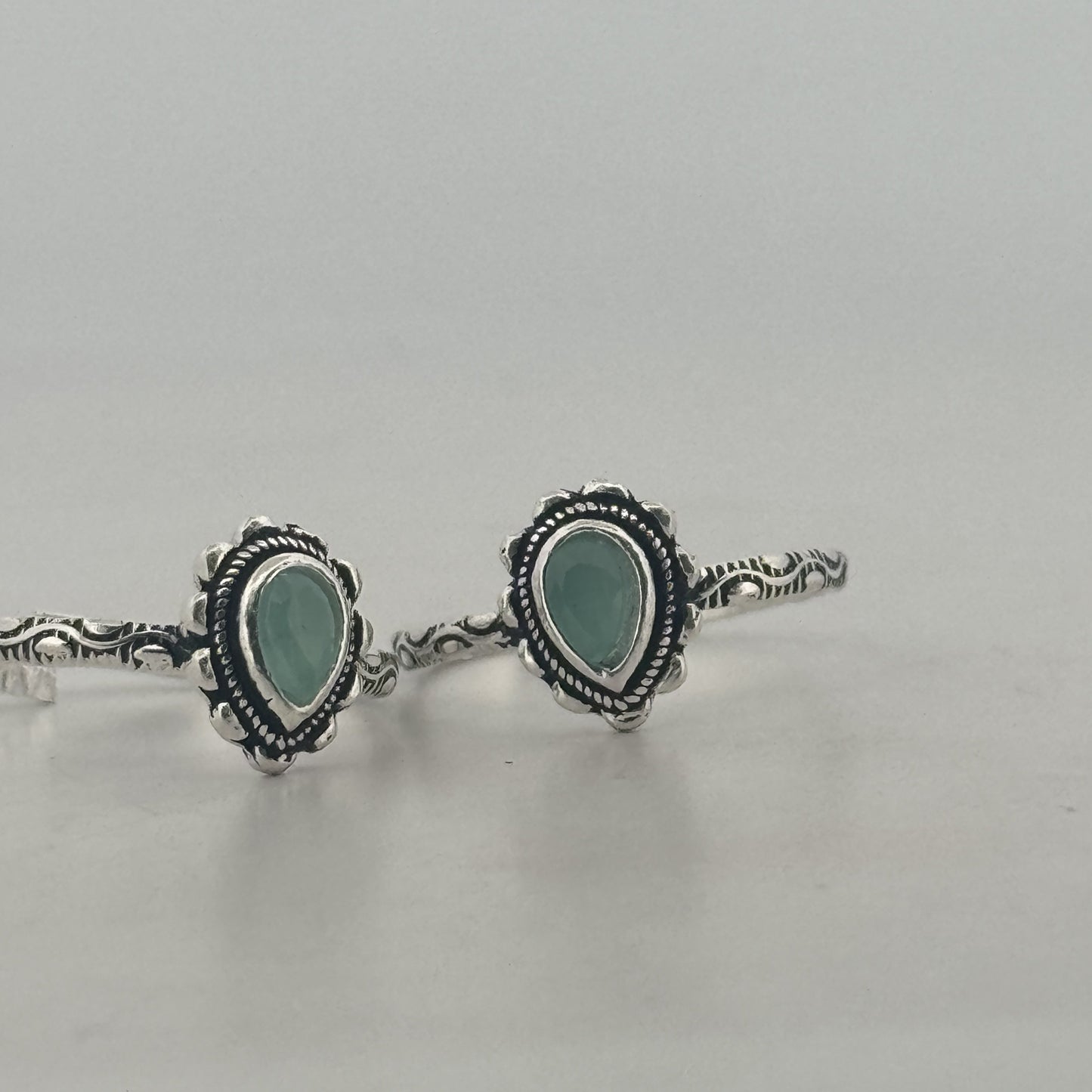 Antique Oxidised Silver Teardrop Toe Ring With Pastel Green Stone