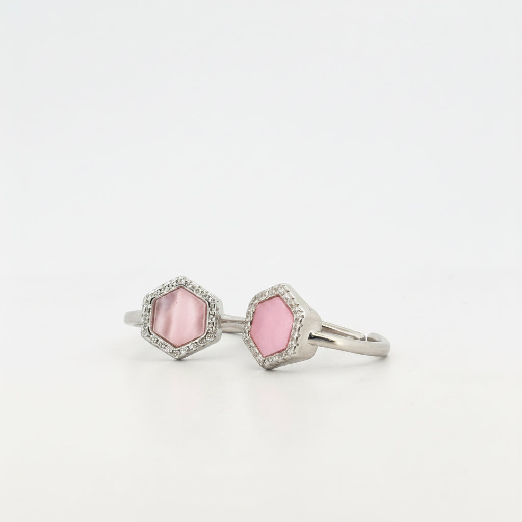 Rhodium-Plated 925 Sterling Silver Hexagon Toe Ring With MOP, Pink & White AD Stones