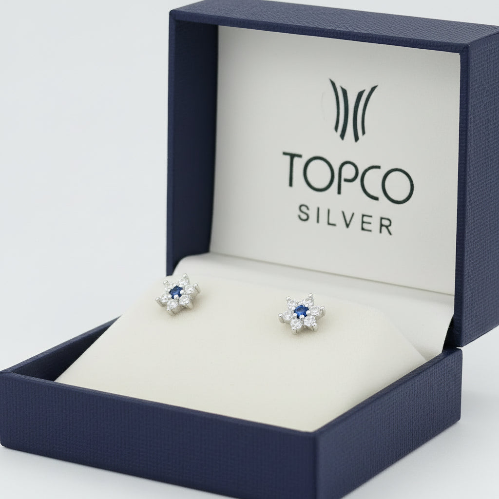 925 Sterling Silver Stud Earrings With White And Blue AD Stones