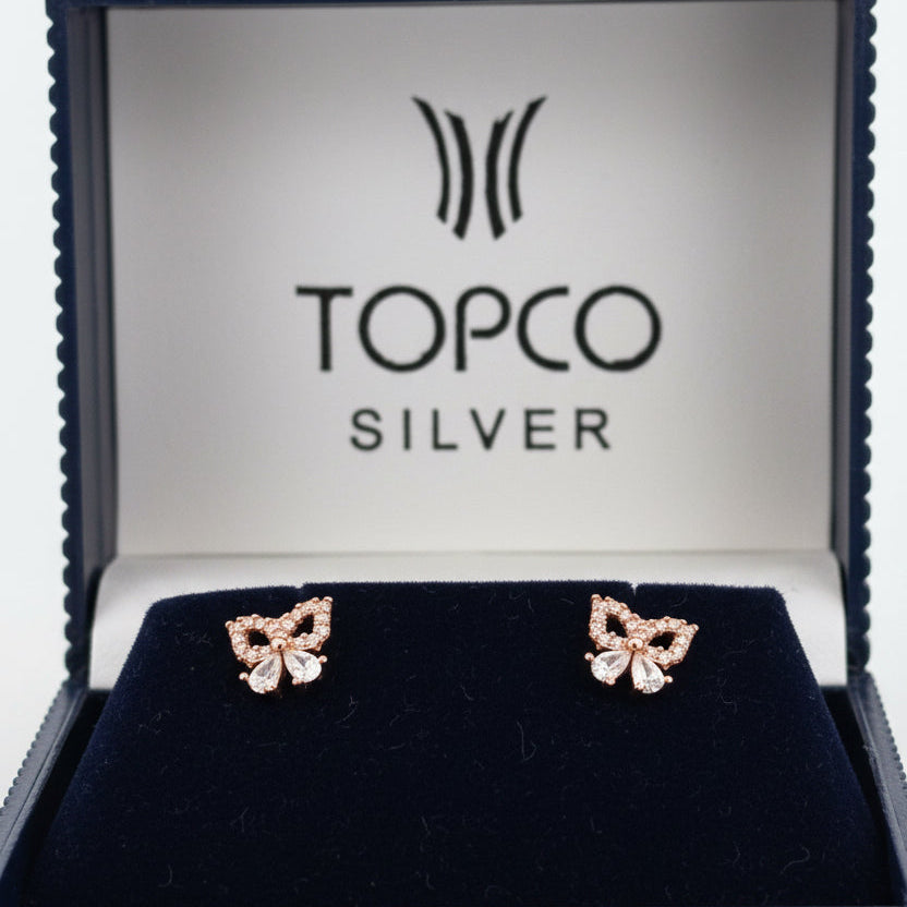 Rose-tone 925 Sterling Silver Stud Earrings With White AD Stones