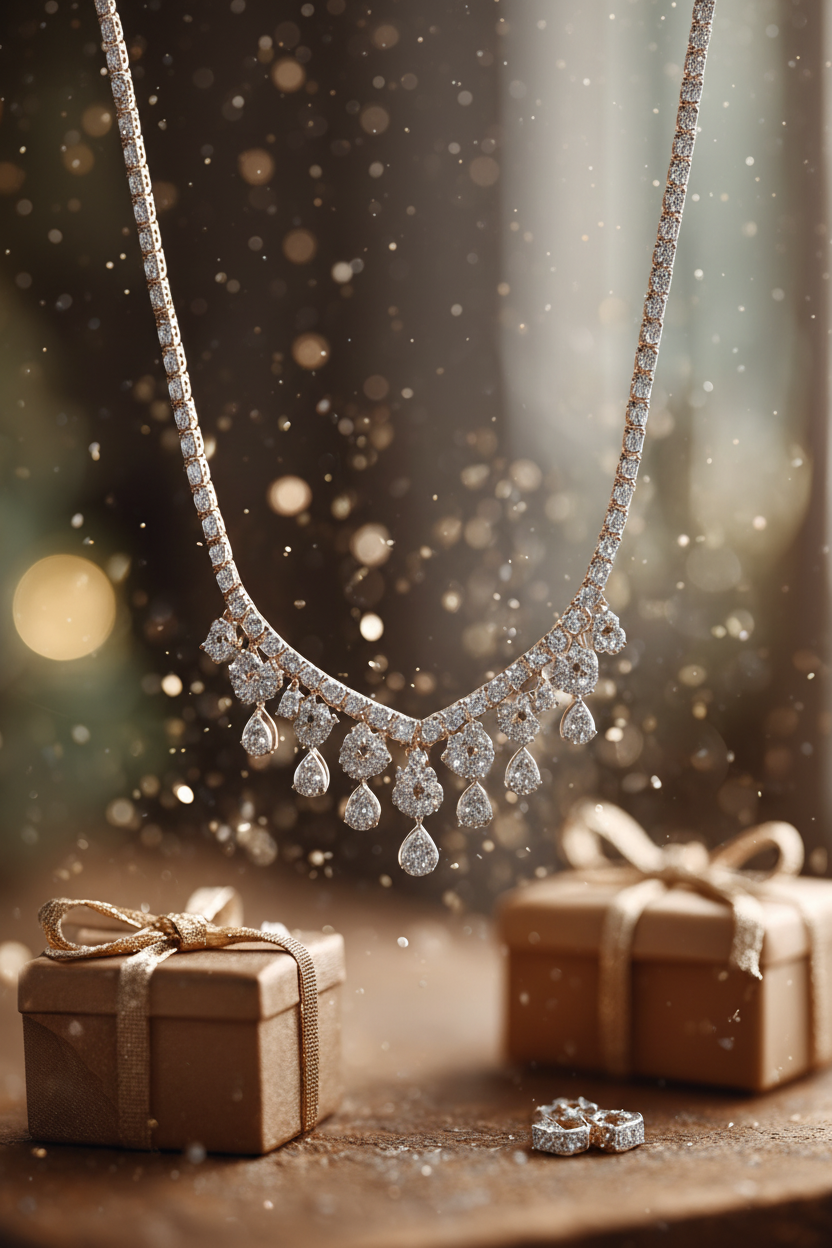 Diamond necklace with gift boxes and a ring on a wooden surface with a blurred festive background.