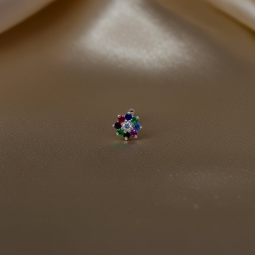 Floral Multi Colour AD Stone 925 Sterling Silver Nose Pin