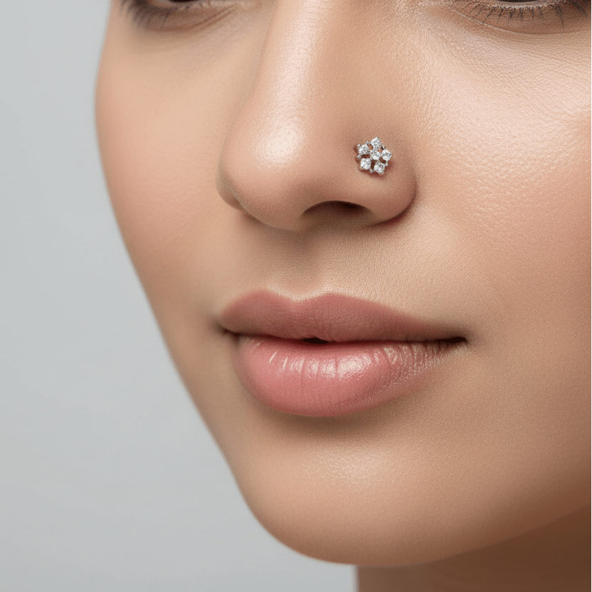 Nose Pin - Floral White AD Stone 925 Sterling Silver Nose Pin - Topco Silver