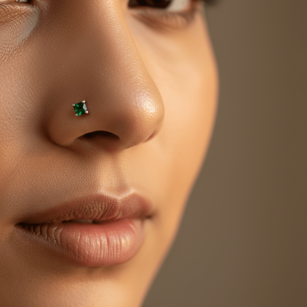 Nose Pin - Green AD Stone Nose Pin | 925 Sterling Silver Single Stone Nose Stud - Topco Silver