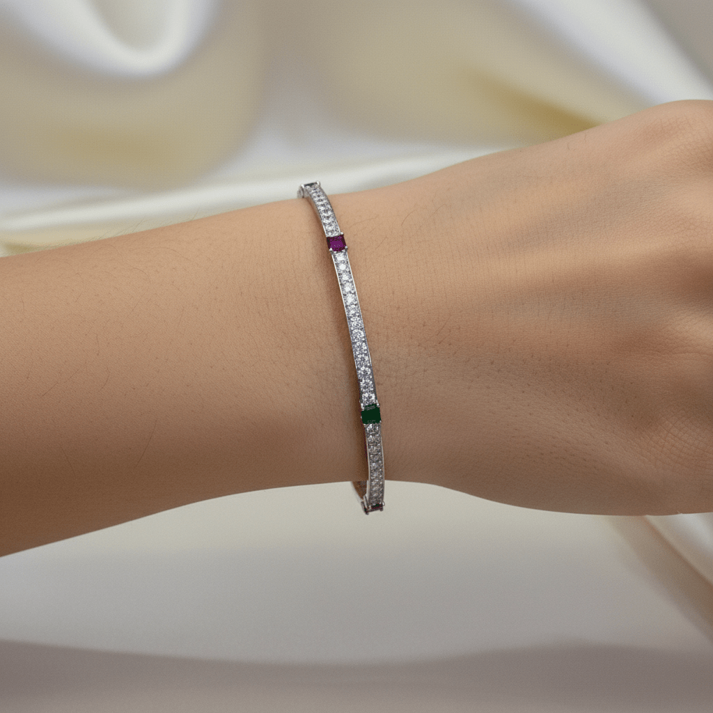 Bangle worn naturally on a wrist in a lifestyle jewelry photo