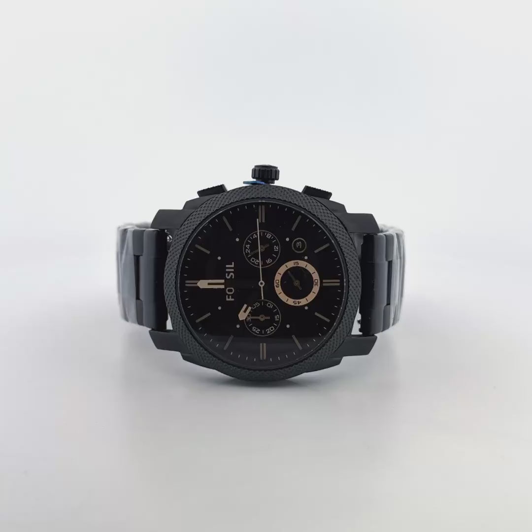 Men's Chronograph Watch | Black Chronograph Watch with Knurled Bezel and Gold-Tone Indices