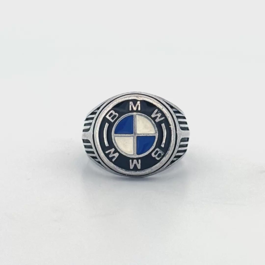 men Silver Signet Ring with BMW Logo – Car Logo Ring in 925 Tarnish Finish