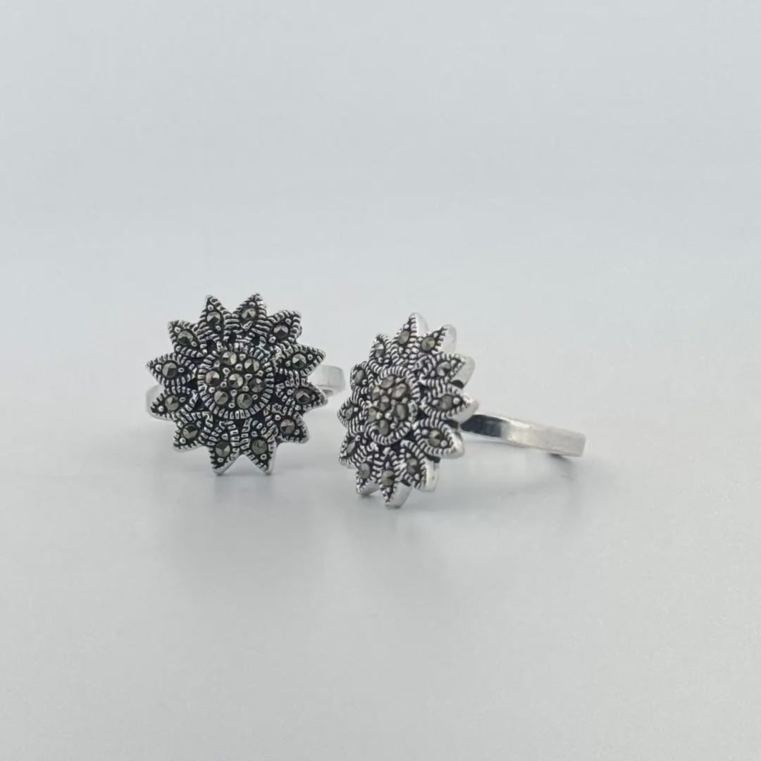 Sunflower Toe Ring Silver with Marcasite Stones – Traditional Oxidised 925 Sterling Silver Bridal Toe Ring