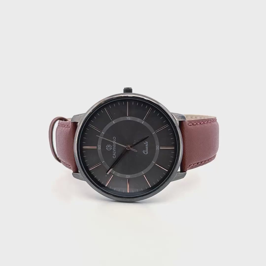Calvin Bolo Watch | Ultra-Slim Minimalist Gunmetal Dial with Brown Leather Strap