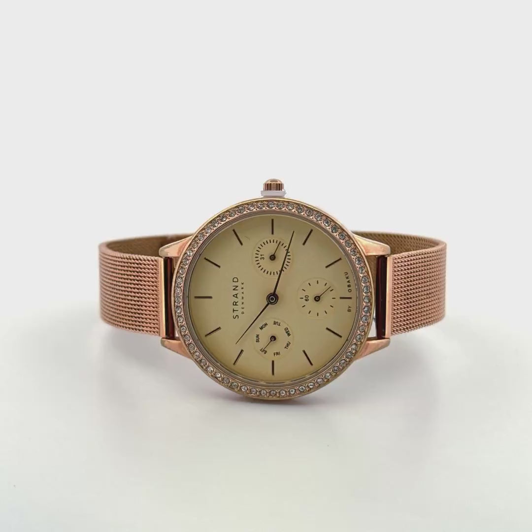 Rose Gold Mesh Bracelet Watch | Strand by Obaku, Scandinavian Design with Crystal Bezel