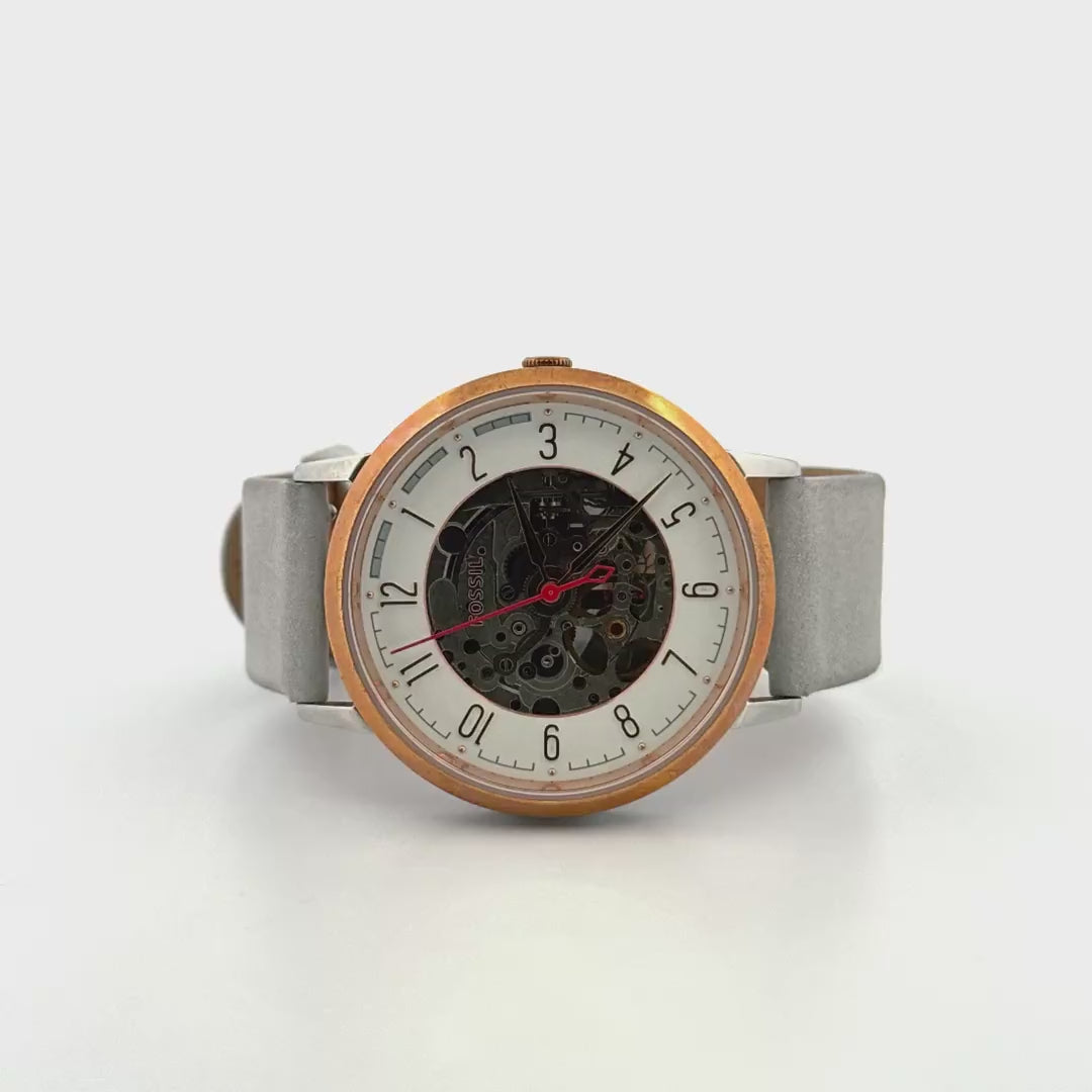 Fossil Automatic Skeleton Watch for Men | Open Heart Mechanical, Silver & Rose Gold with Leather Strap