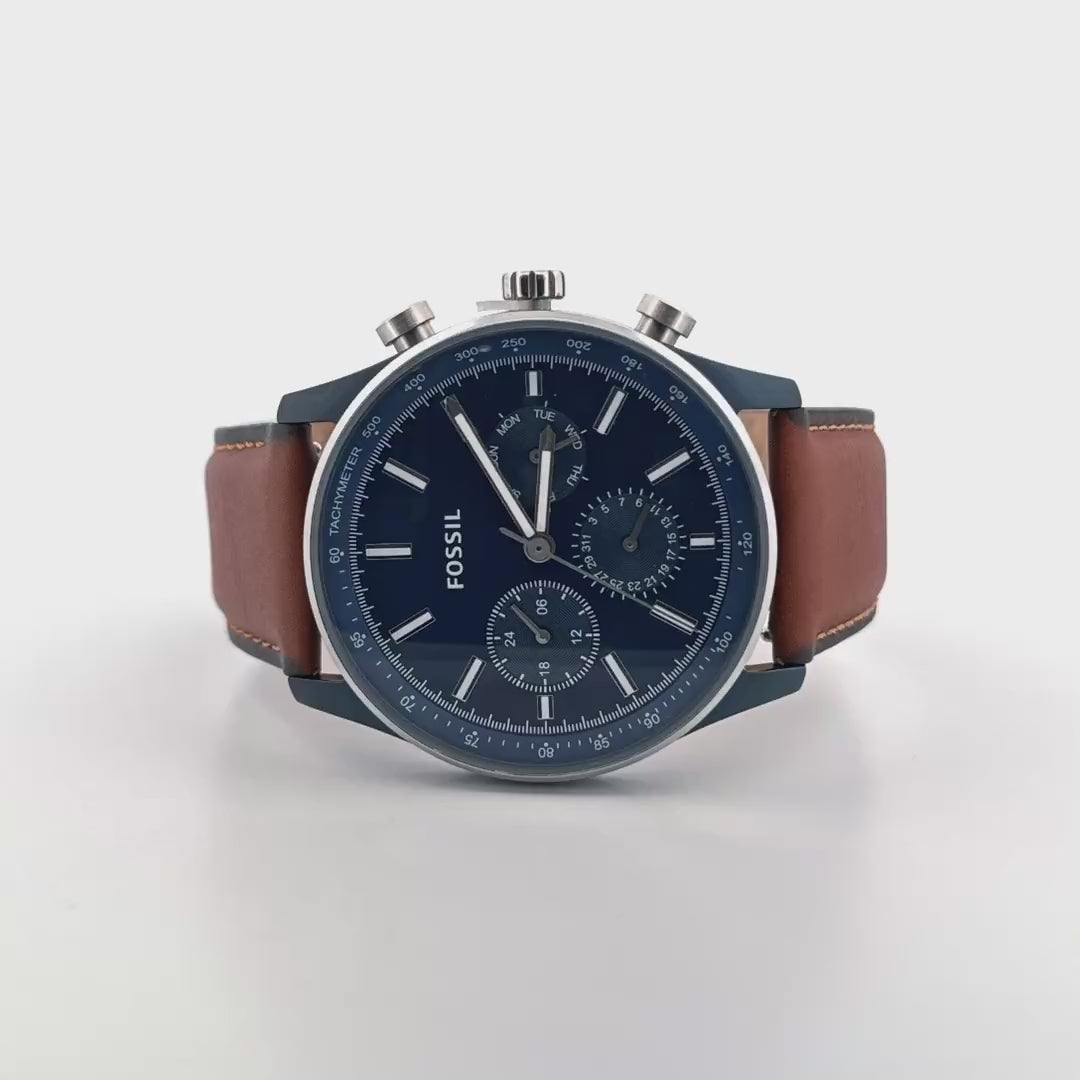 Fossil Blue Dial Watch | Men’s Multifunction Watch with Brown Leather Strap