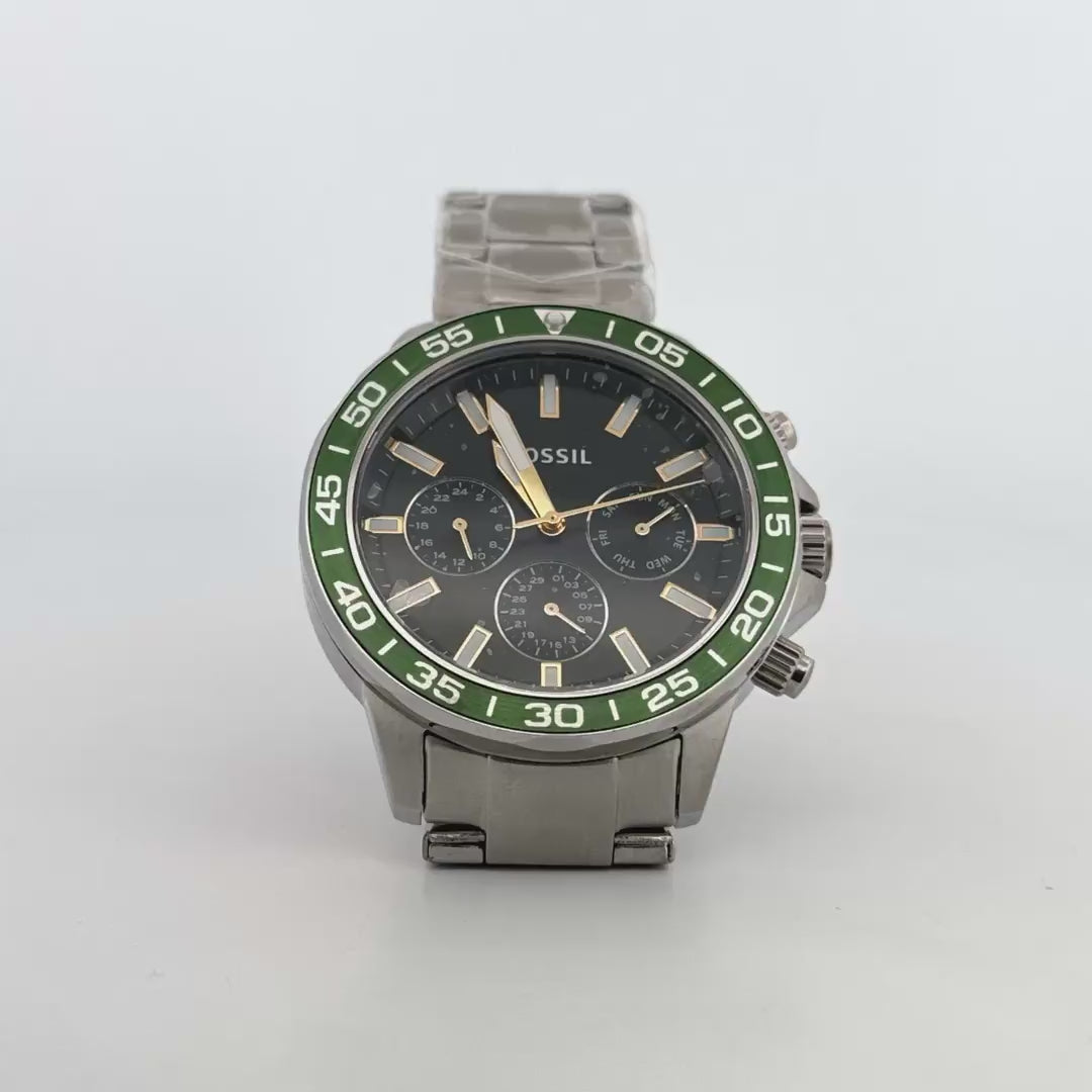 Fossil Green Dial Men’s Watch | Stainless Steel Multifunction Watch with Day, Date & 24-Hour Display