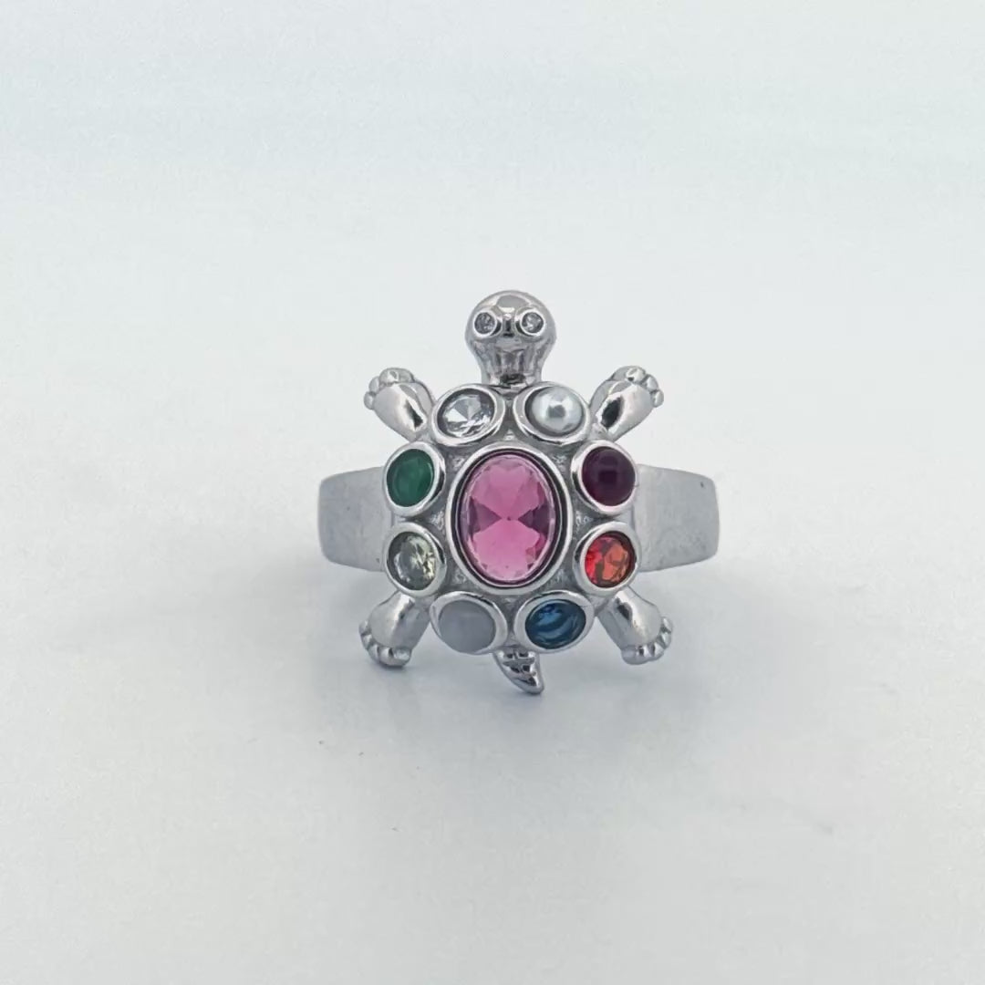 Multi-Stone Silver Ring | Turtle Design Navaratna Silver Ring for Men and Women
