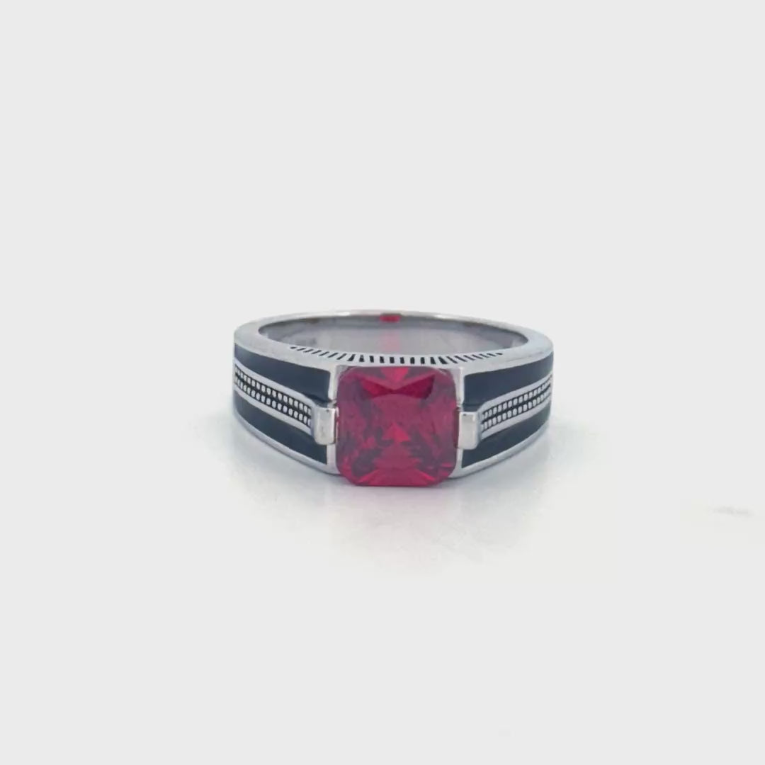 Red Stone Silver Ring for Men – Premium Turkish Silver Ring with Black Enamel Detailing