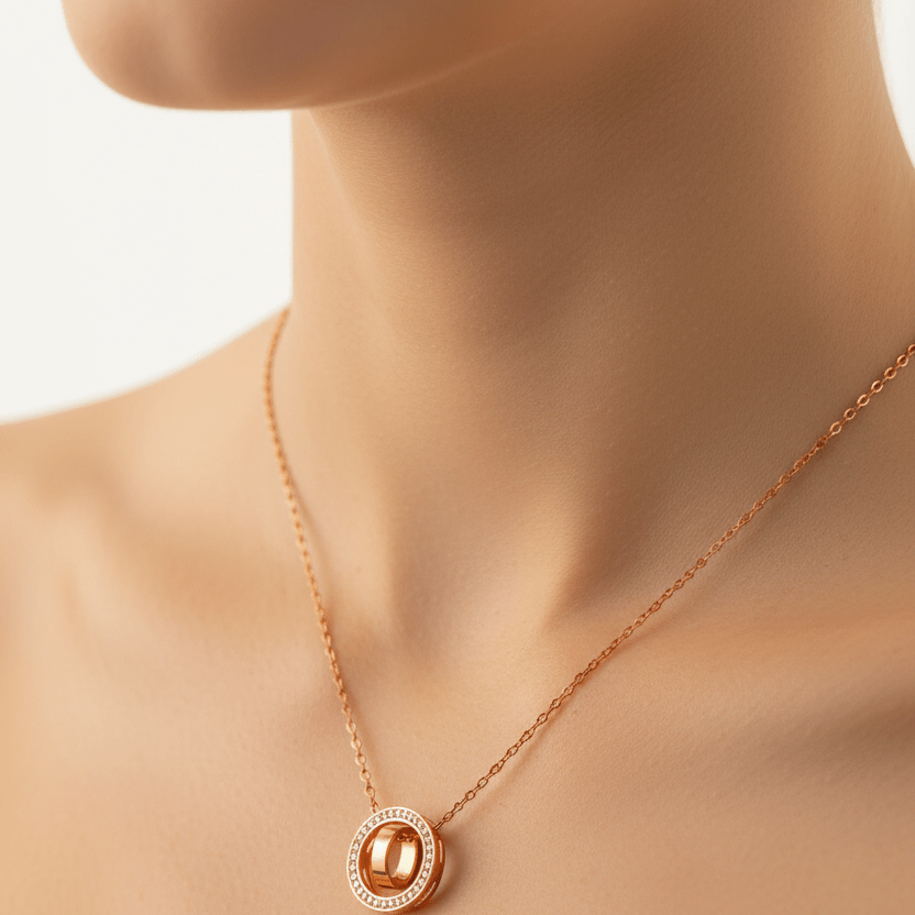 Rose Gold Circular Halo Necklace on Model
