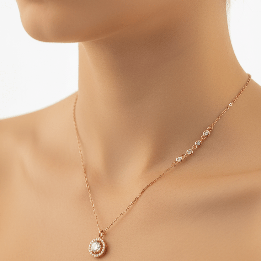 Rose Halo Necklace on Woman's Neck
