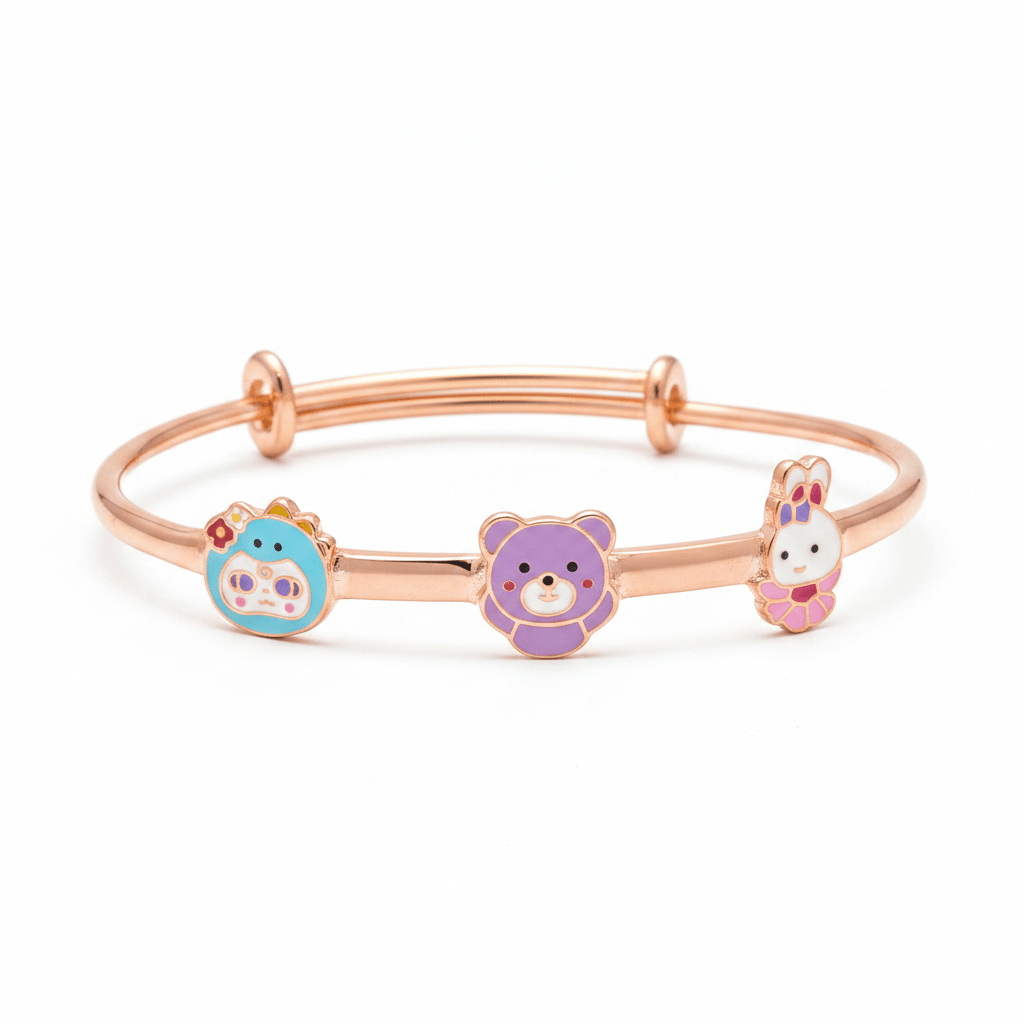 Rose-tone 925 sterling silver kids' adjustable bangle with three multicolour enamel cartoon animal charms