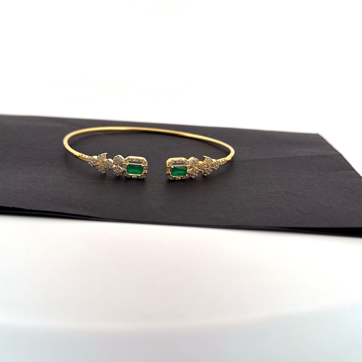 Dual synthetic emerald & white AD 925 silver gold cuff bangle — vivid festive luxury. - image 1