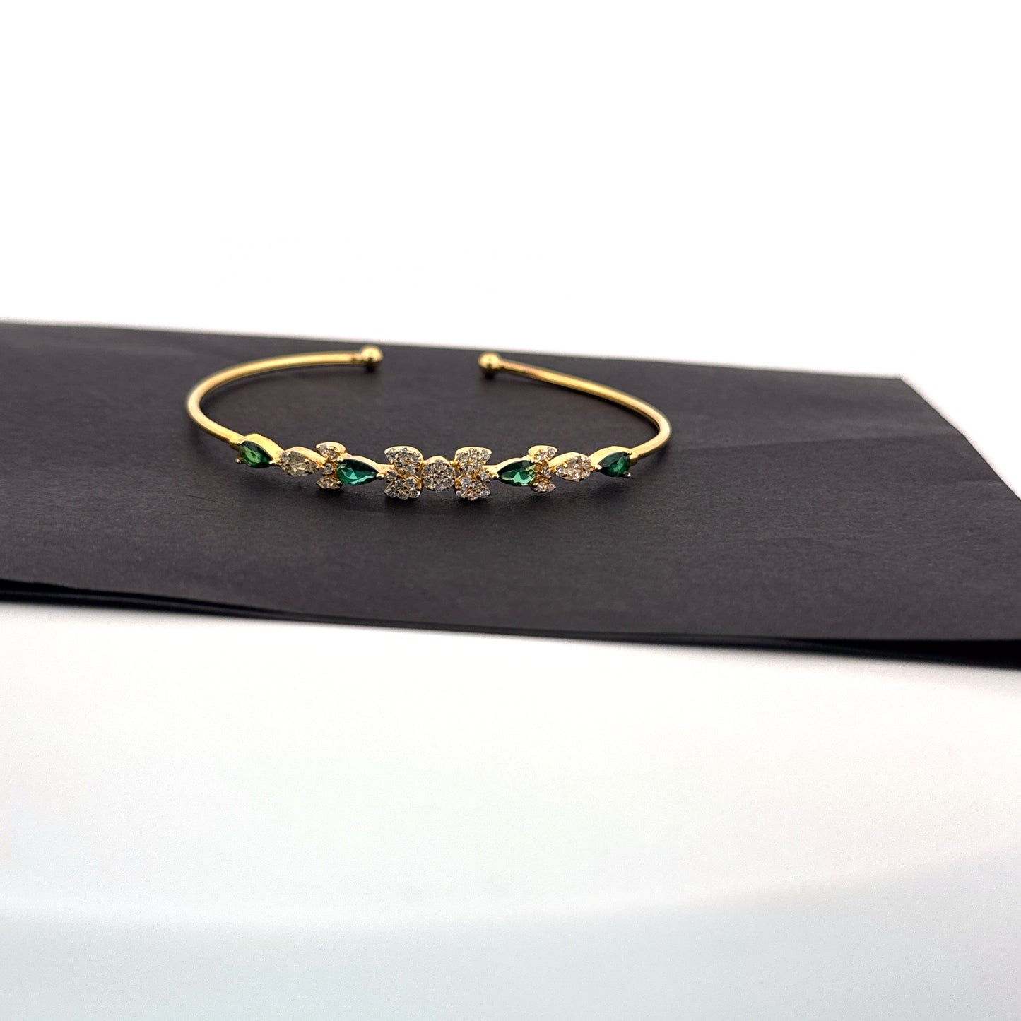 Synthetic emerald & AD florette 925 silver gold cuff bangle — jewelled garden for festive occasions. - image 1