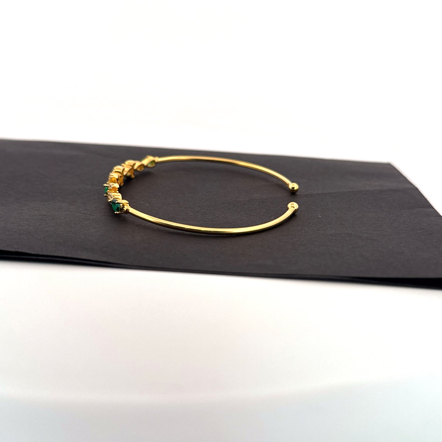 Synthetic emerald & AD florette 925 silver gold cuff bangle — jewelled garden for festive occasions. - image 2